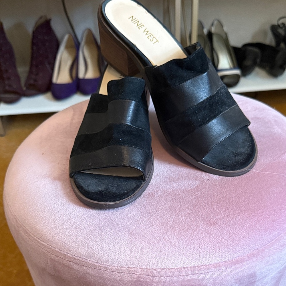 Nine West Black Suede and Leather Mules